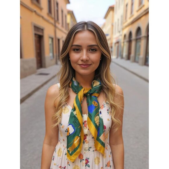 Women Green Cats Headscarf Satin Bandana Pattern Polyester Breathable Scarves - Picture 4 of 7